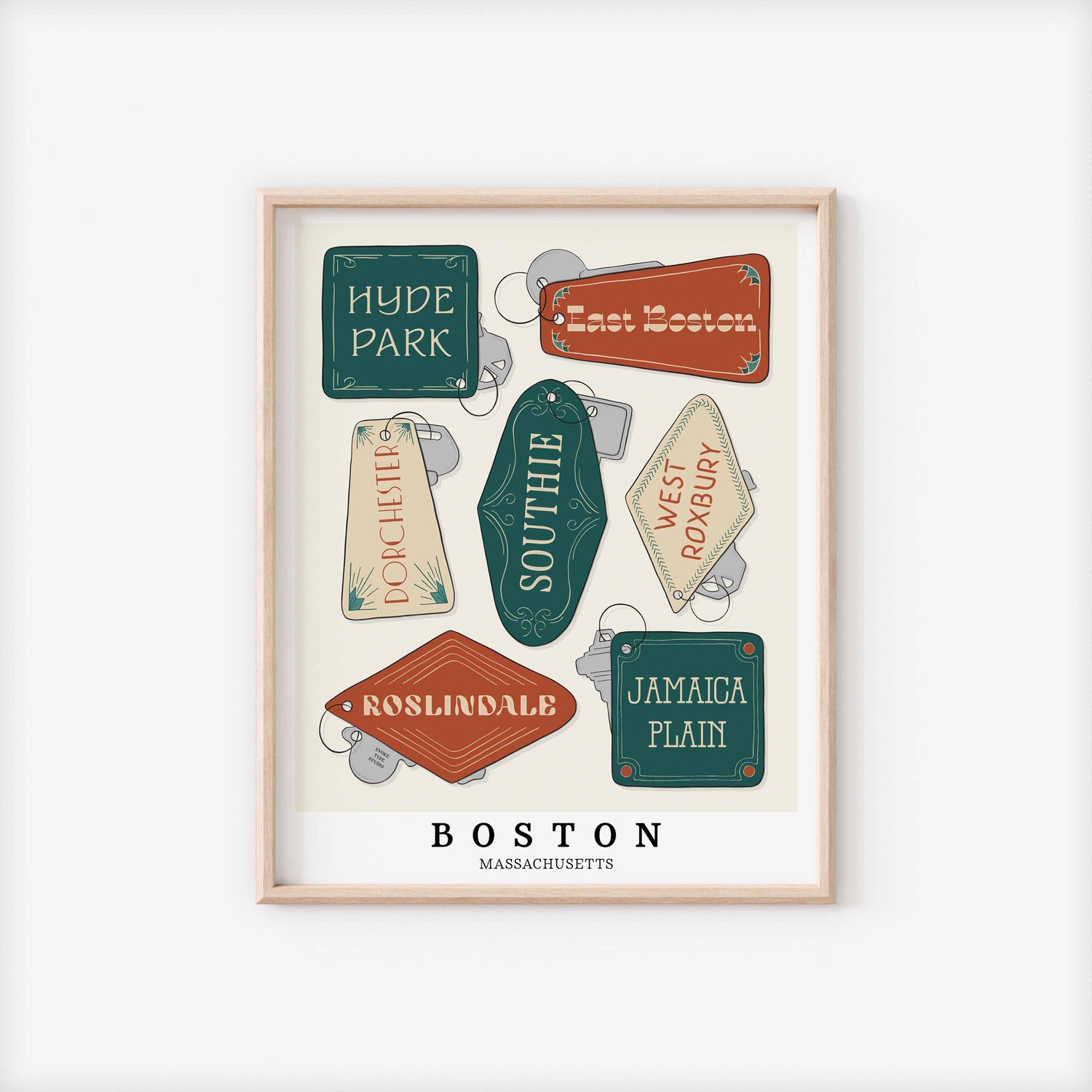 A framed picture of Boston, Massachusetts neighborhoods drawn in various lettering styles on key fobs. Artwork has a green, orange and tan color scheme