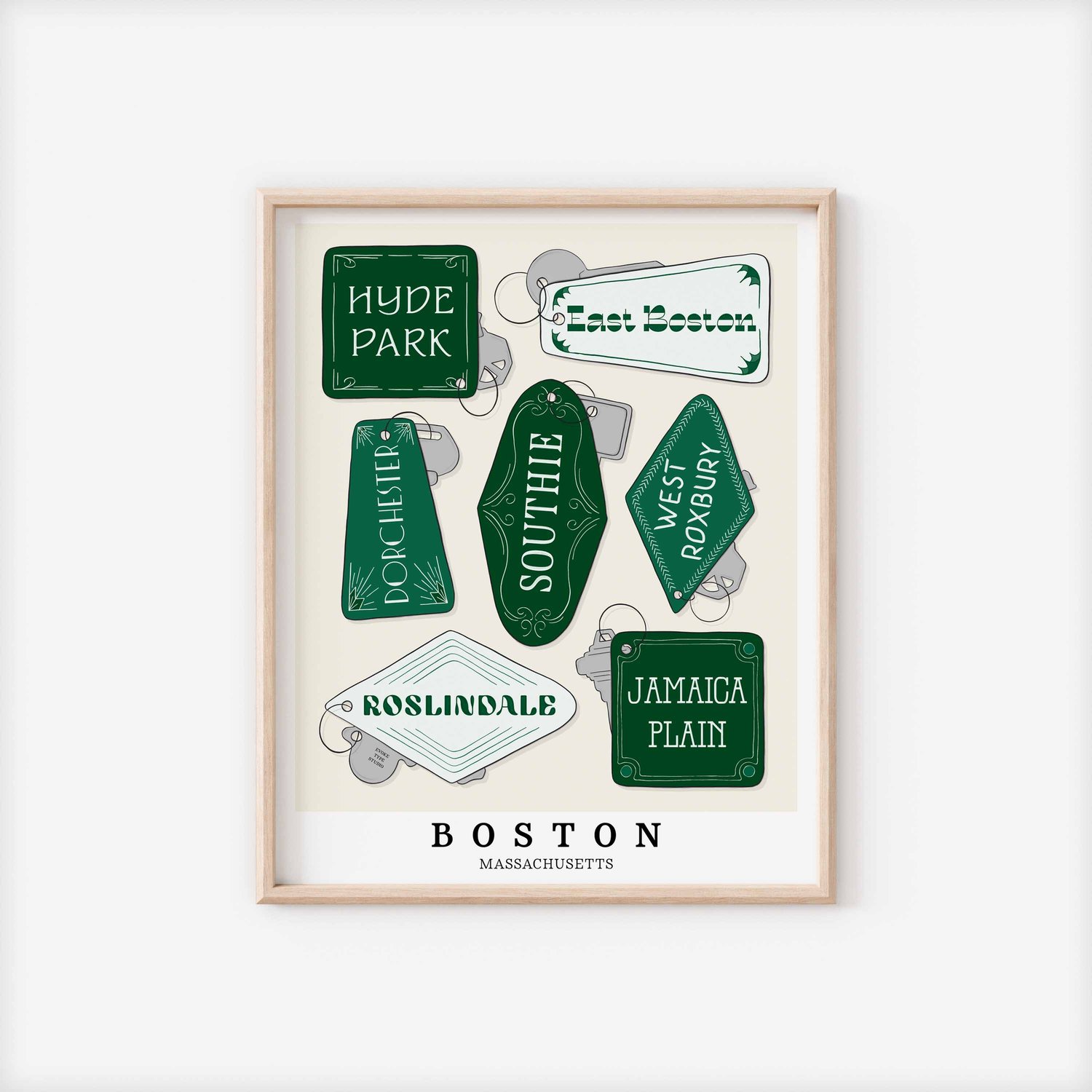 A framed picture of Boston, Massachusetts neighborhoods drawn in various lettering styles on key fobs. Artwork has a green and white color scheme