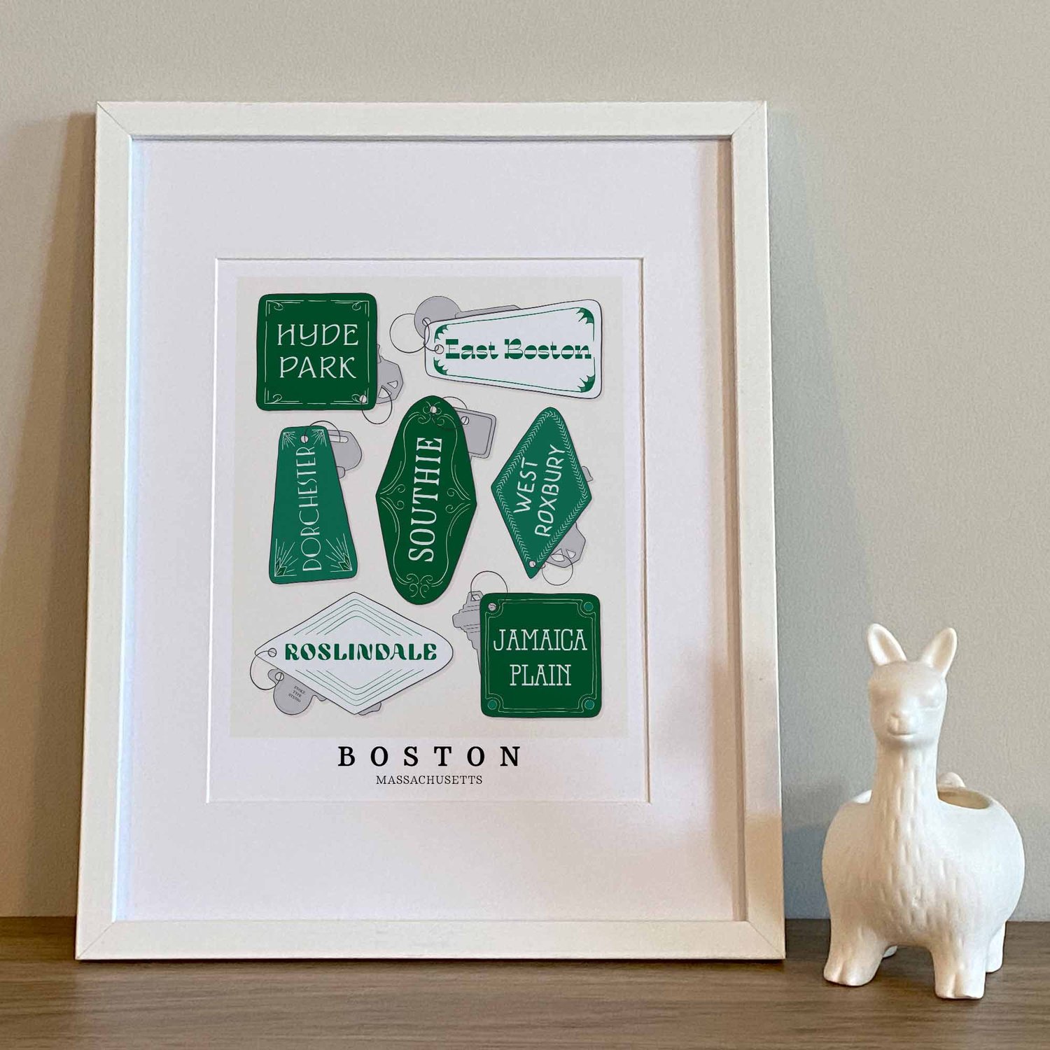 Boston art print with hand-lettered neighborhood key fobs in rich green tones.