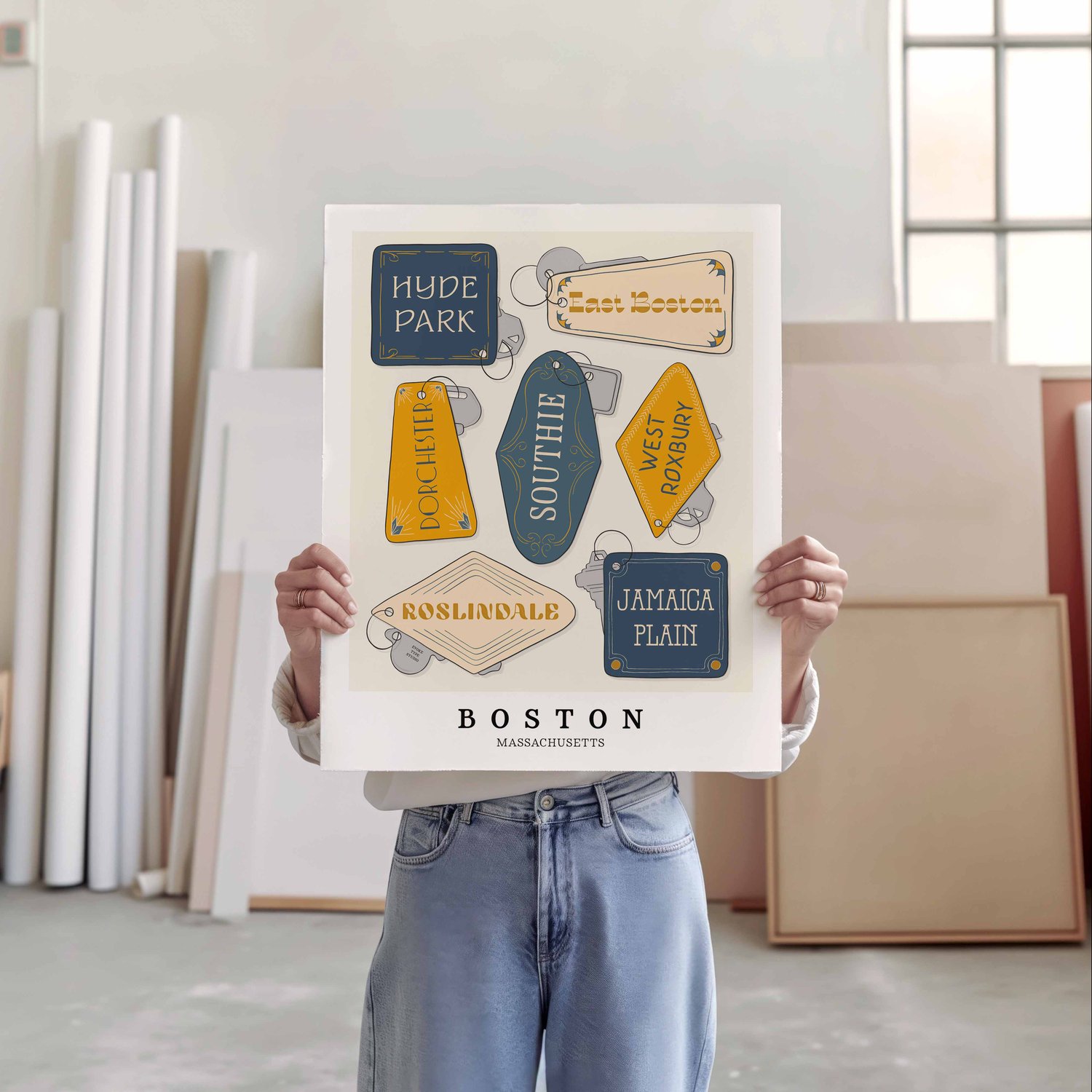 A person holding a poster of several key fobs