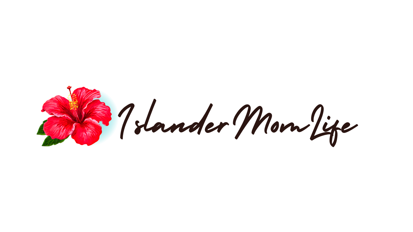 A red gumamela flower with the words IslanderMomLife as the IslanderMomLife official logo