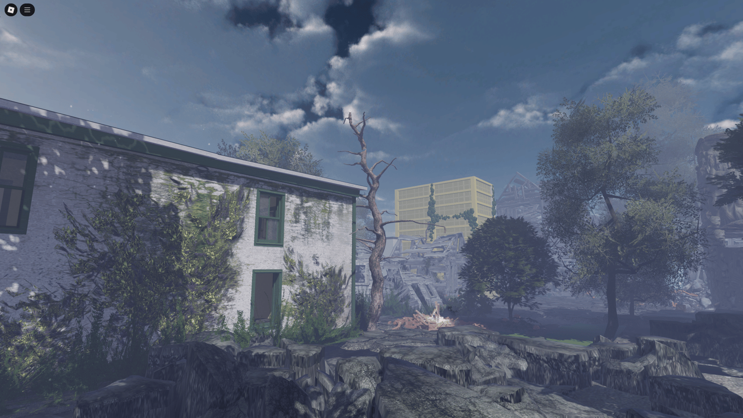 Destroyed cityscape with ruined buildings and vehicles