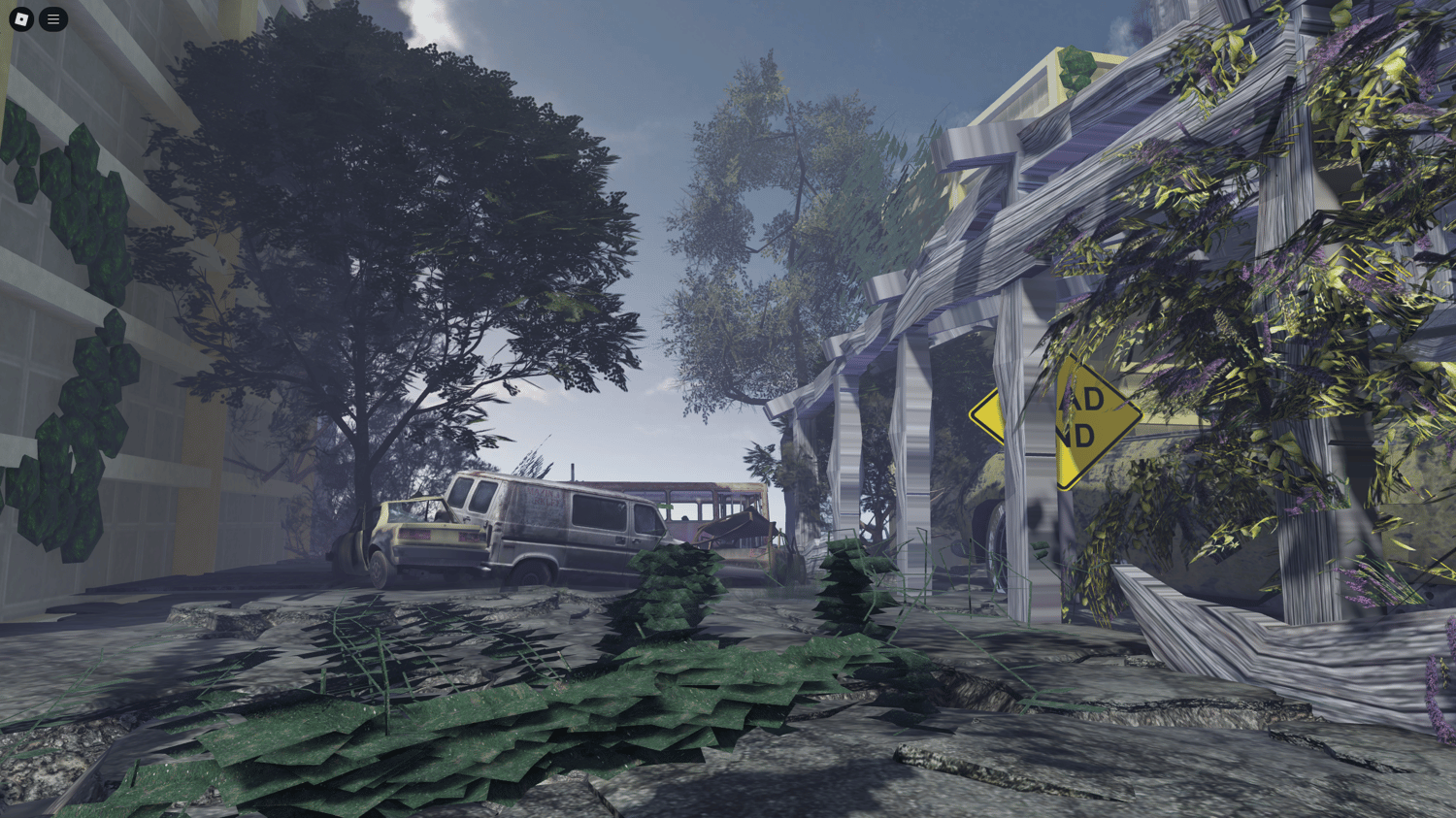 Broken-down street scene with abandoned cars and debris
