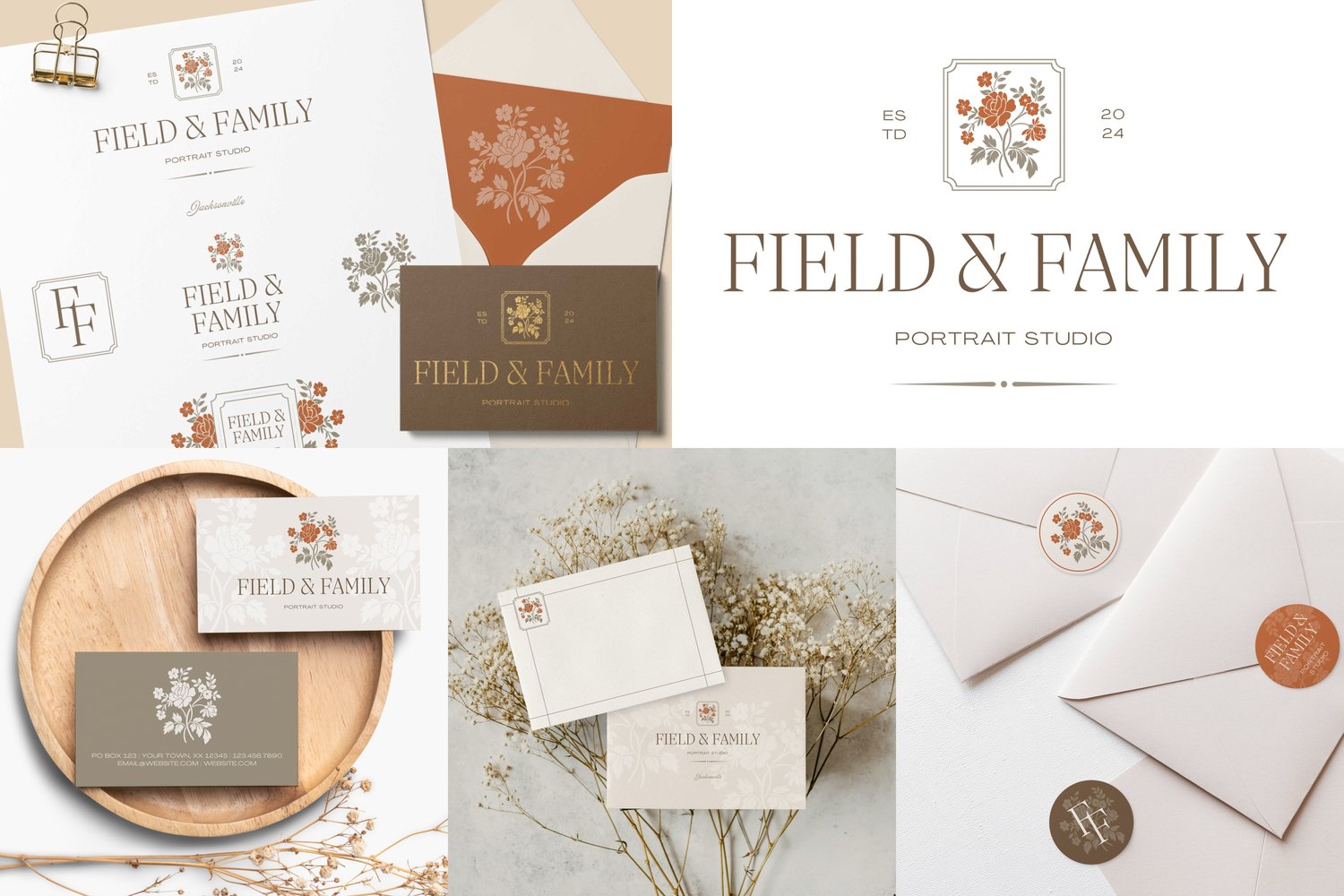 logo design featuring hand drawn, vintage-inspired floral bouquet illustration and says Field & Family Portrait Studio