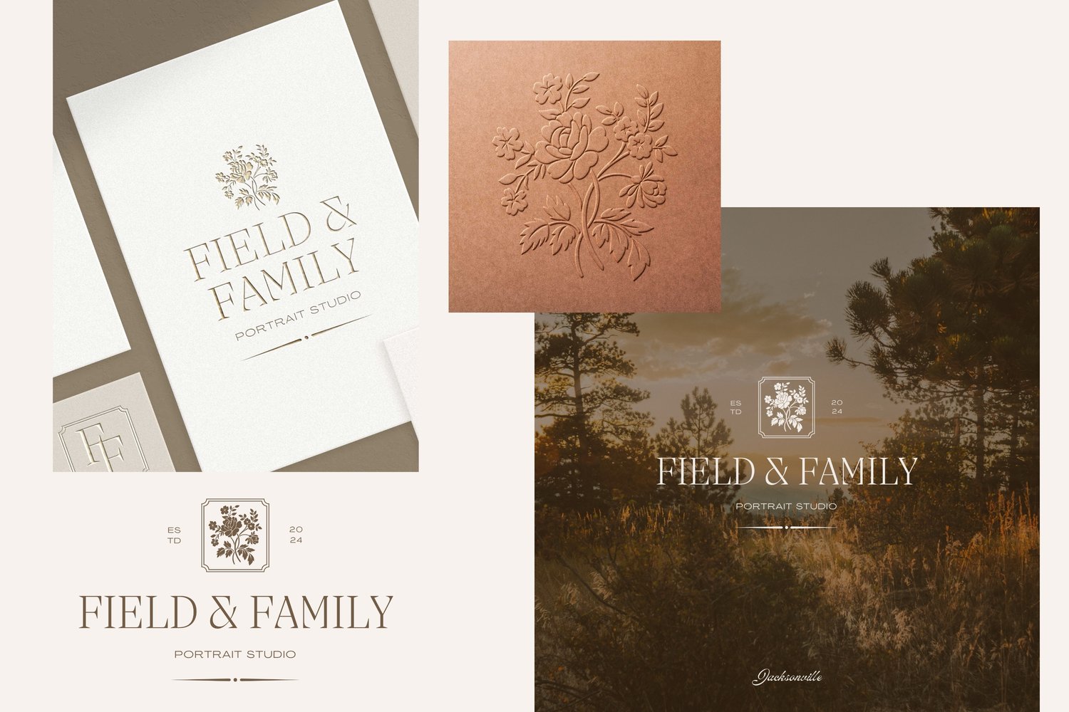 logo design featuring hand drawn, vintage-inspired floral bouquet illustration and says Field & Family Portrait Studio