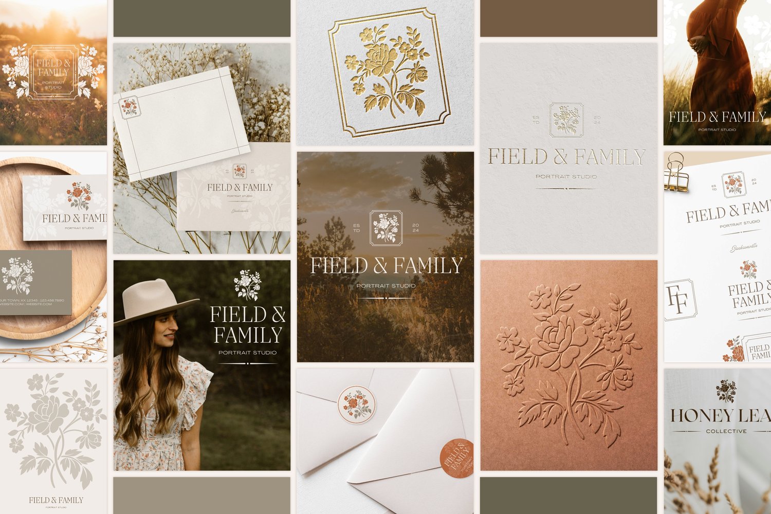 logo design featuring hand drawn, vintage-inspired floral bouquet illustration and says Field & Family Portrait Studio