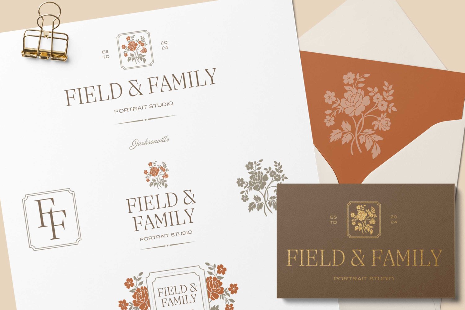 logo design featuring hand drawn, vintage-inspired floral bouquet illustration and says Field & Family Portrait Studio