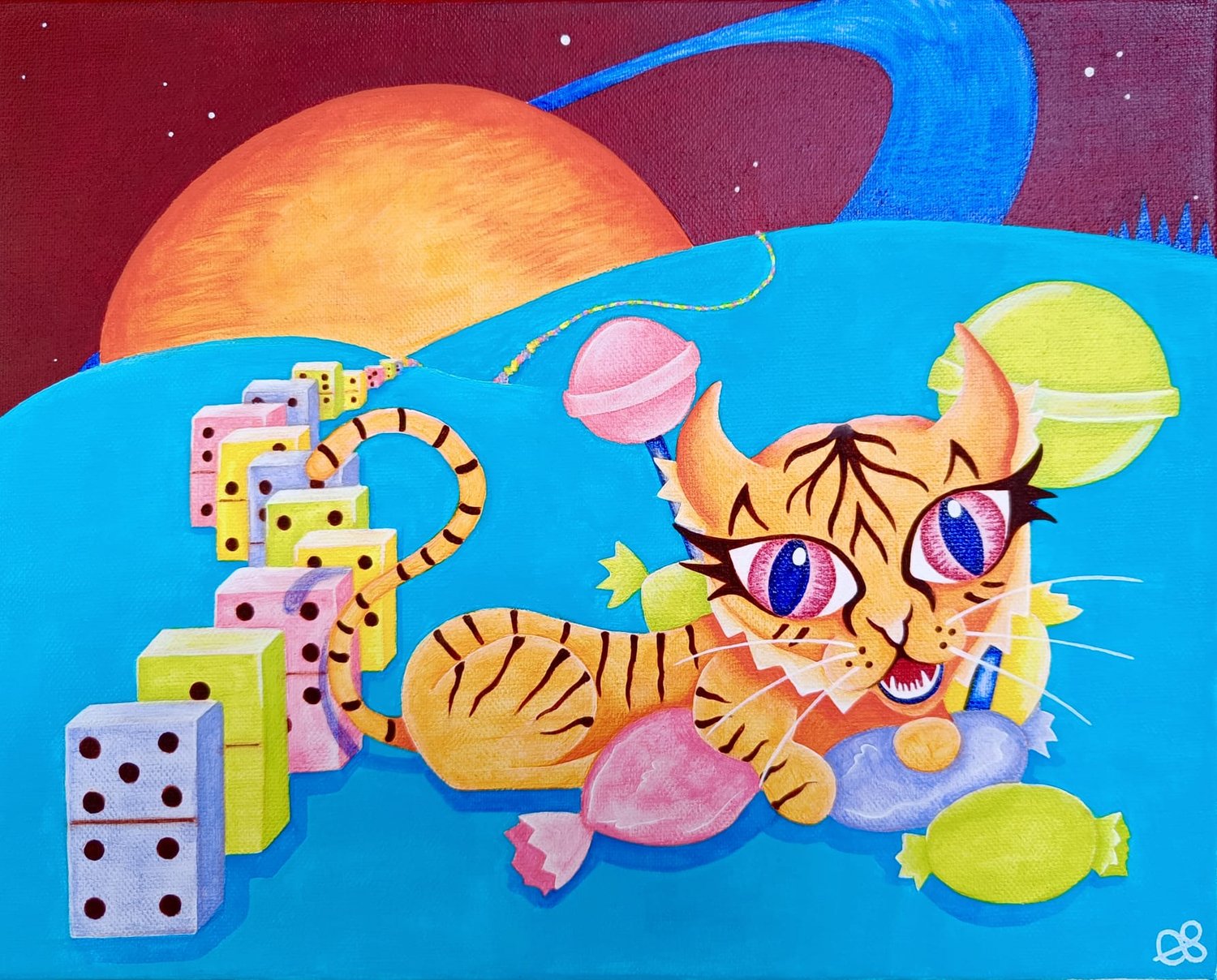 A colorful and surrealistic acrylic painting by Elina Salo. A tiger is laying in a pile of huge candy smiling arrogantly. There are domino pieces next to the tiger ready to fall in a chain and a huge planet in the red sky.