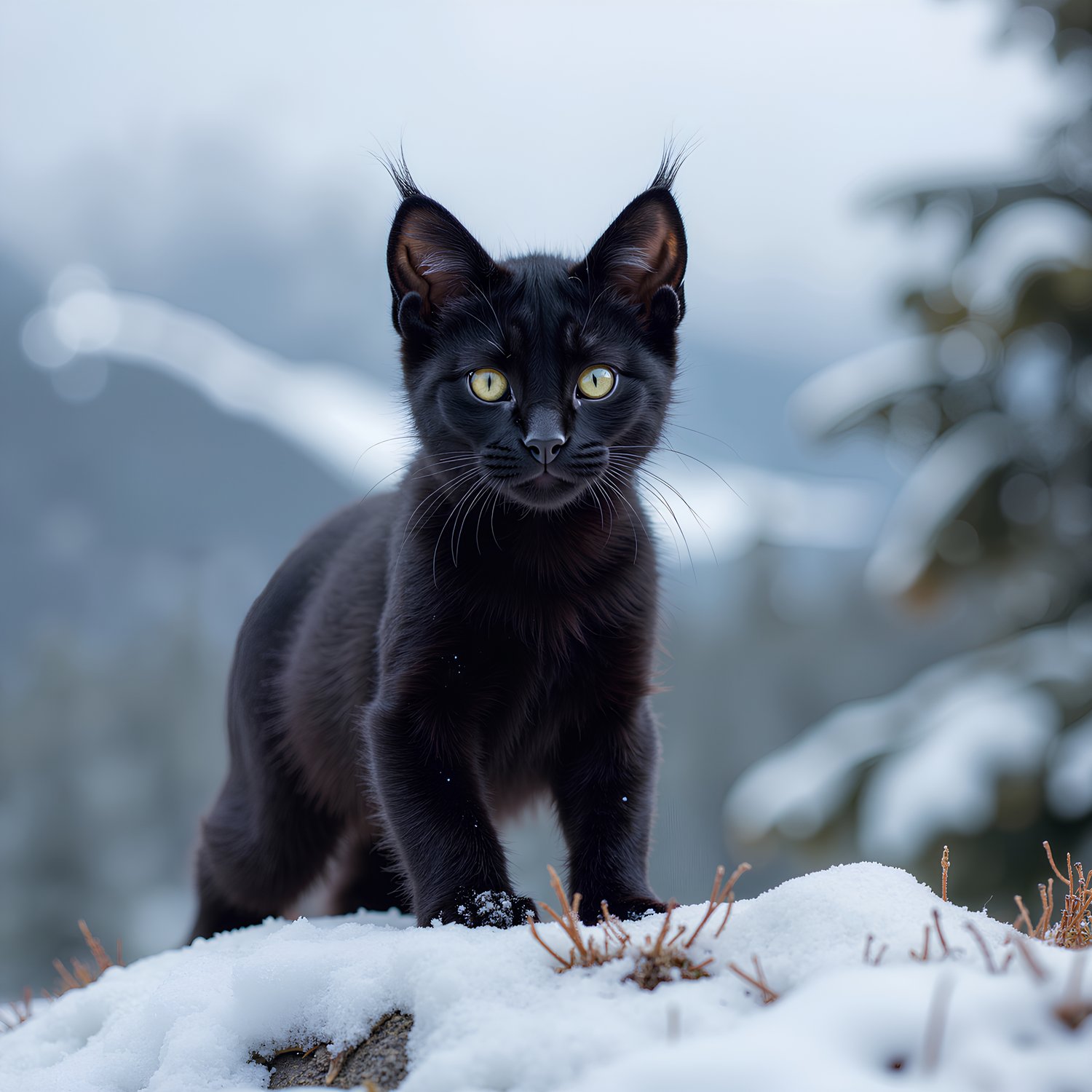 Baby black mountain puma playing in the snow