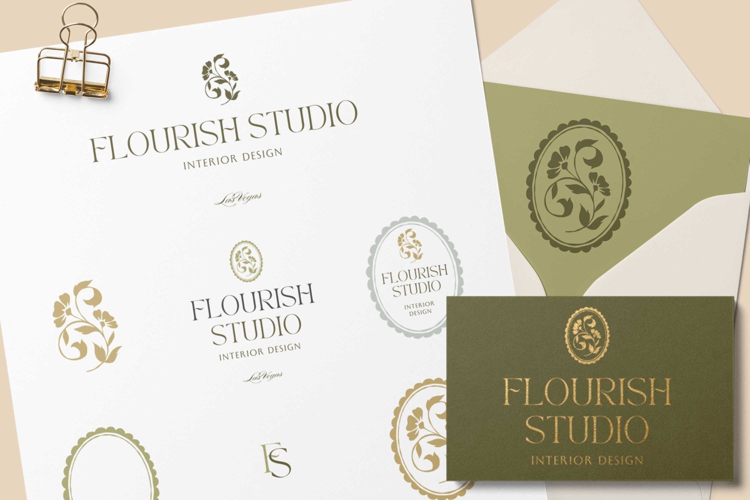 vintage-inspired floral stem illustration logo design that says Flourish Studio