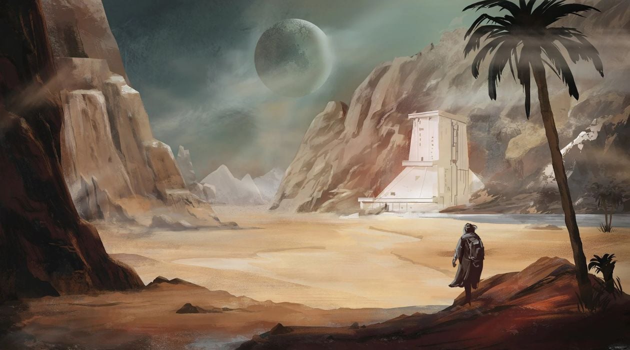 A concept art illustration that shows a person walking on a desert planet.