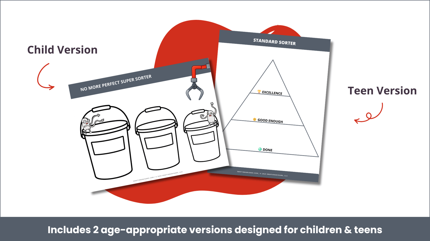 Two worksheets one with robots and buckets for children and one that is a pyramid for teens