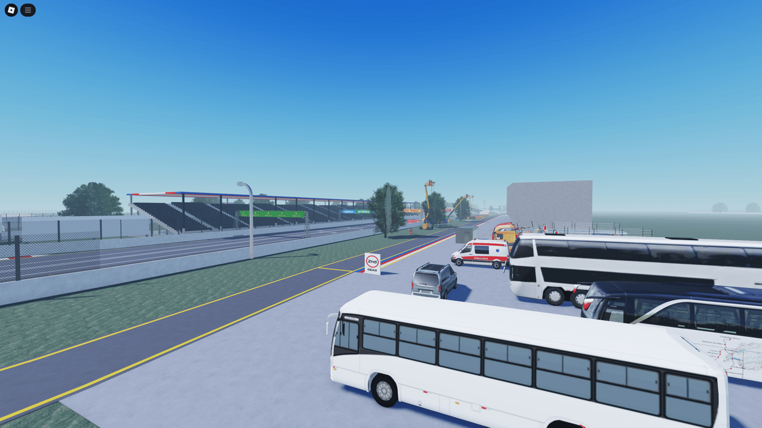 Pit stop building and car garage in Roblox F1 track