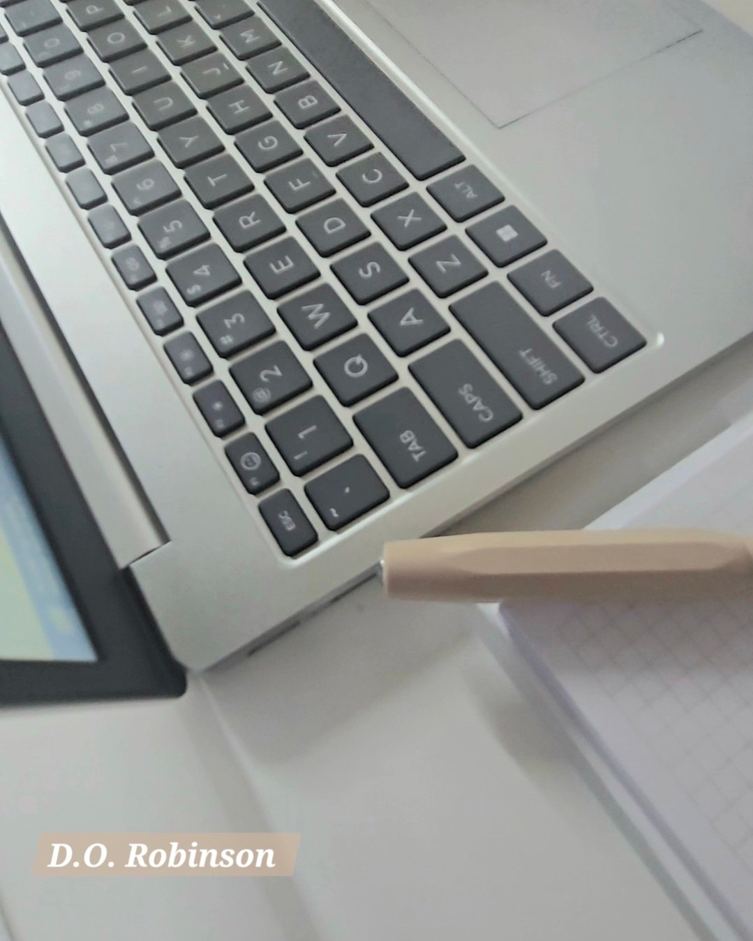 D. O. Robinson, laptop, pen and top of white notebook