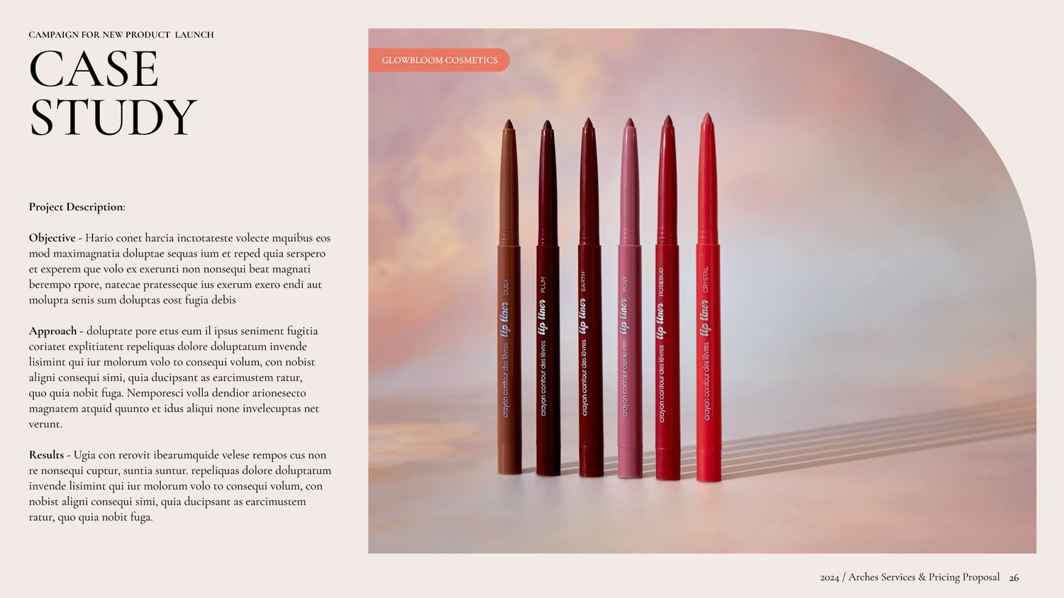 Five colorful lipstick pencils stand upright in a row against a soft, pastel gradient background. Text on the left includes a “Case Study” heading and describes a project focused on designing modern cosmetics packaging.