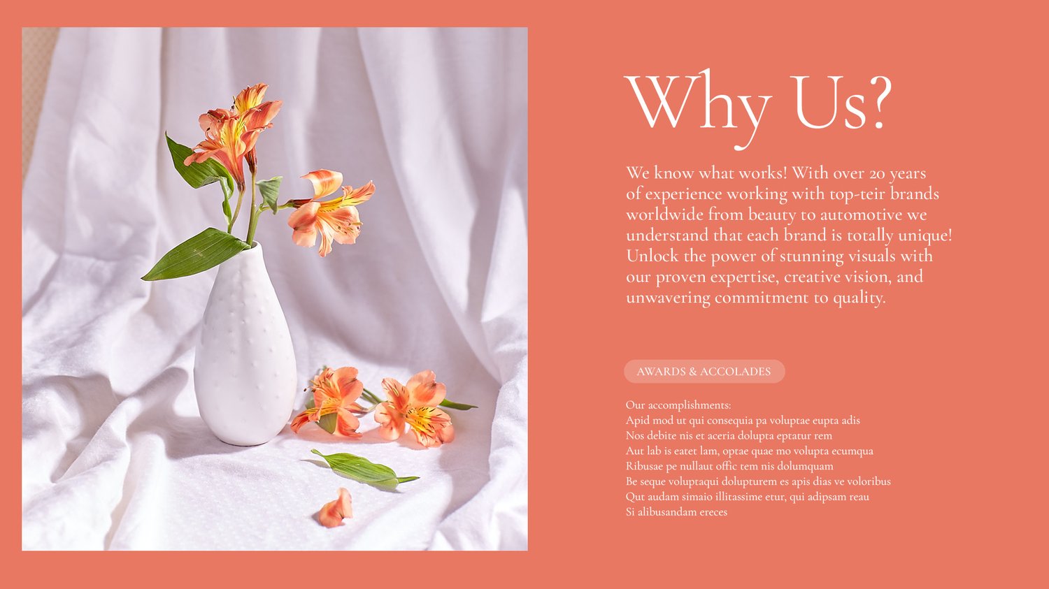 A white vase with orange flowers sits on white fabric, with some flowers and leaves scattered beside it. On the right, text reads Why Us? followed by paragraphs explaining the company’s expertise and commitment to quality.