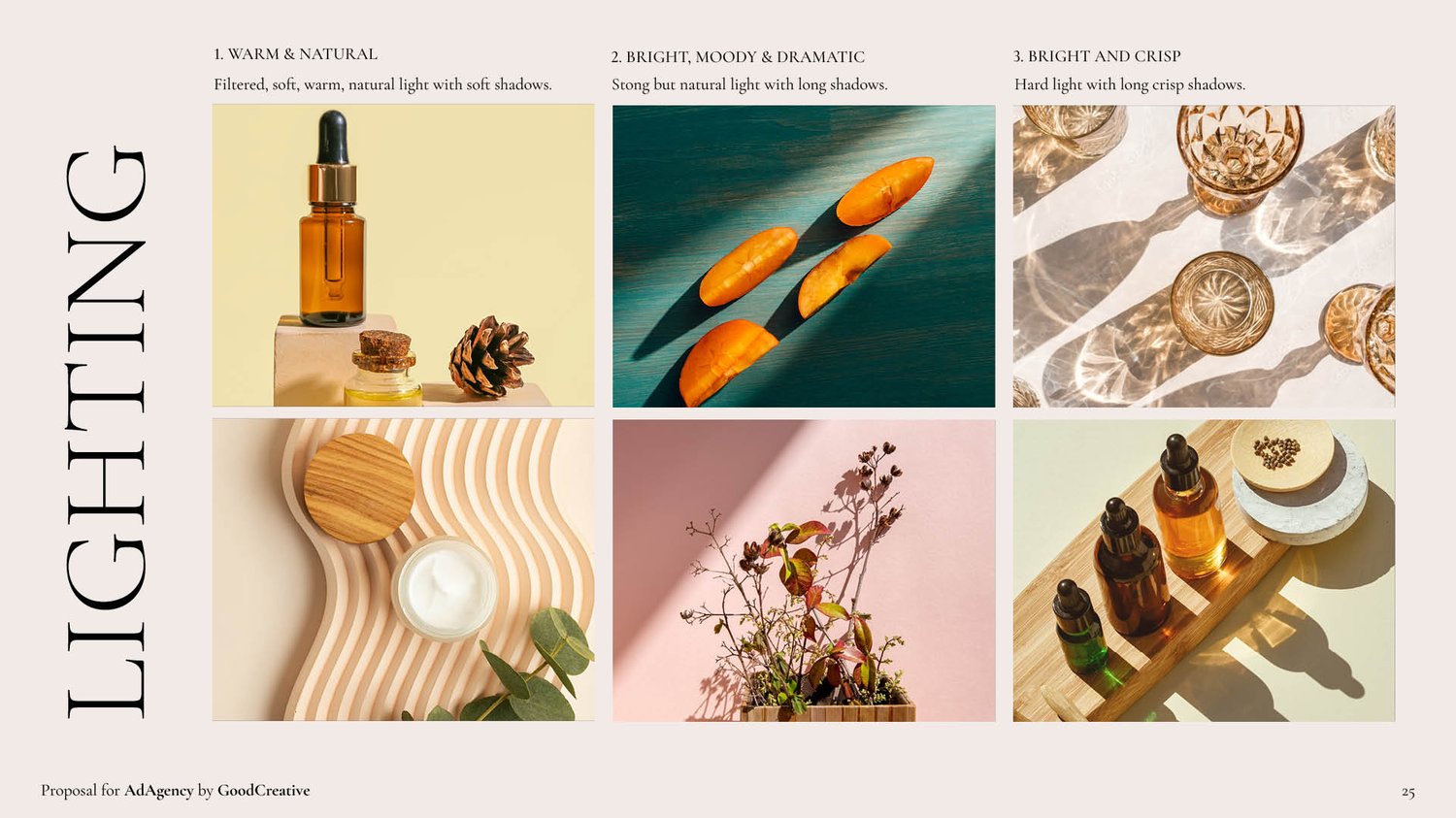 A visual guide showcases three lighting styles for product photography: soft natural light with shadows on a bottle, bright direct sunlight on oranges, and moody light with strong contrast on cosmetic bottles.