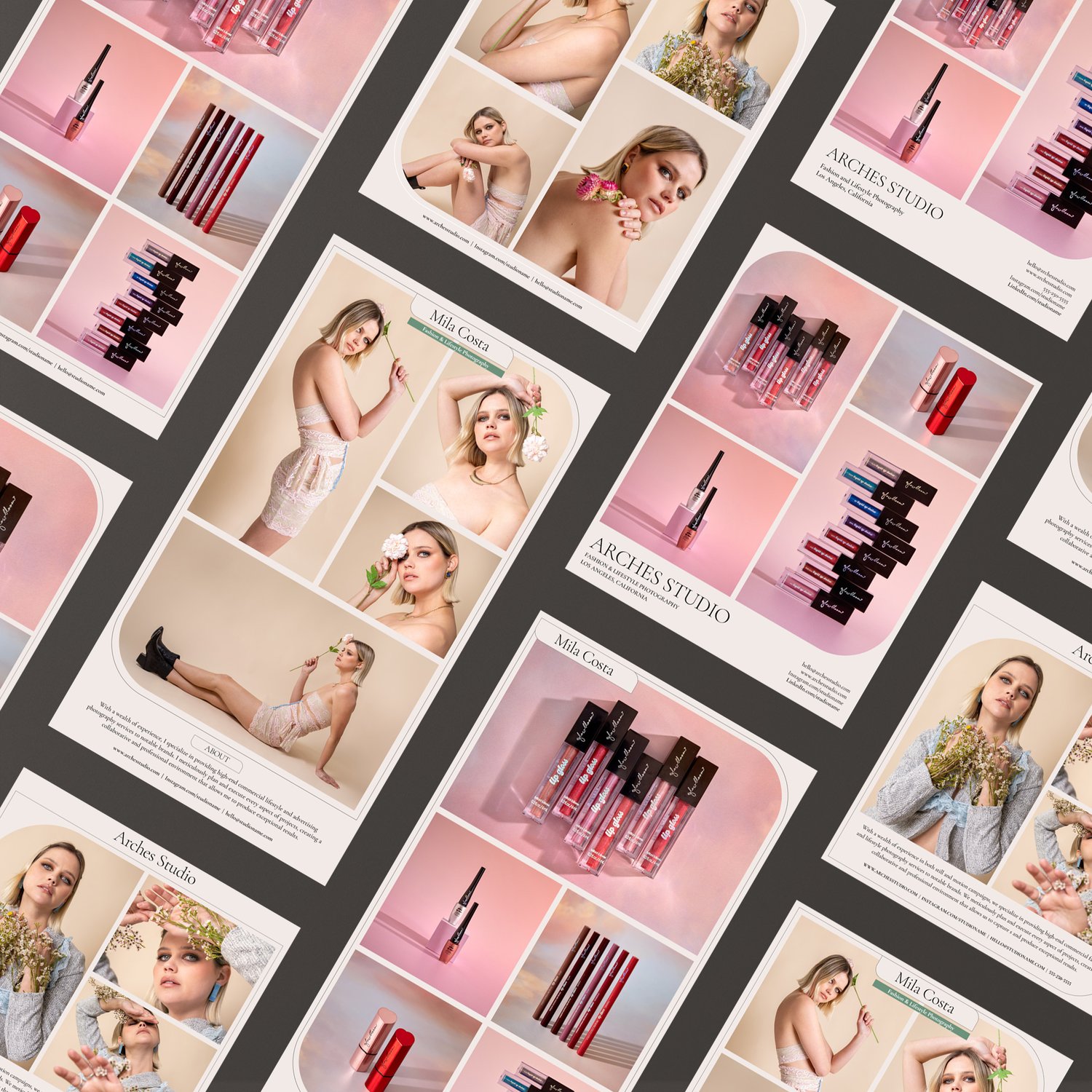 A flat lay of beauty product advertisements featuring lipsticks, perfumes, and models posing with flowers on pastel backgrounds. The layouts are arranged diagonally over a gray surface.