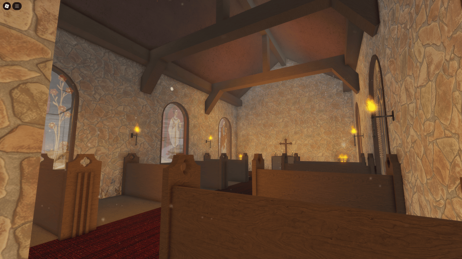 Interior of a decorated medieval castle with torches, banners, and snow falling through open windows.