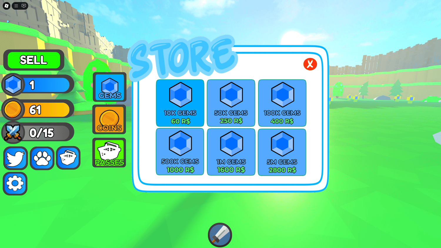 Skill upgrade menu open, showing icons for power boosts, critical hits, and attack speed upgrades.
