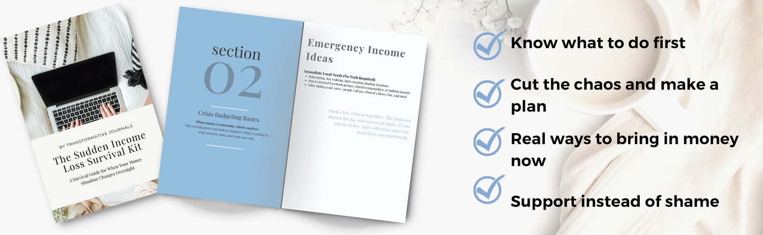 Sudden Income Loss Survival Kit mockup showing interior pages and key benefits: what to do first, how to make a plan, earn money fast, and get support without shame