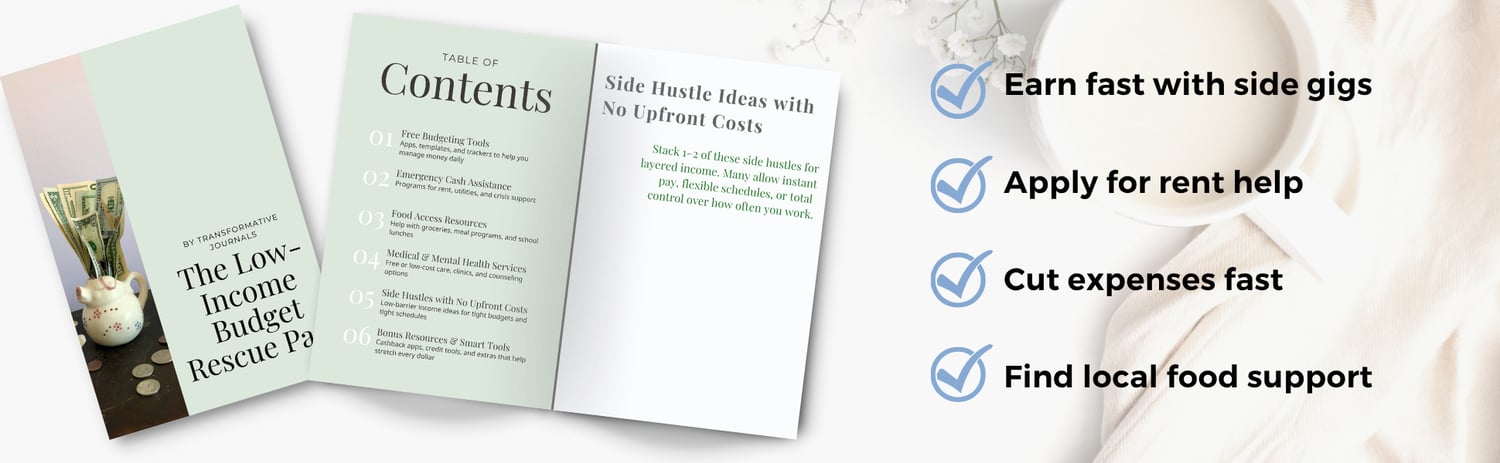 Low-Income Budget Rescue Pack mockup showing the guide cover, table of contents, and side hustle ideas section alongside a checklist of benefits including rent help, food support, and fast income options