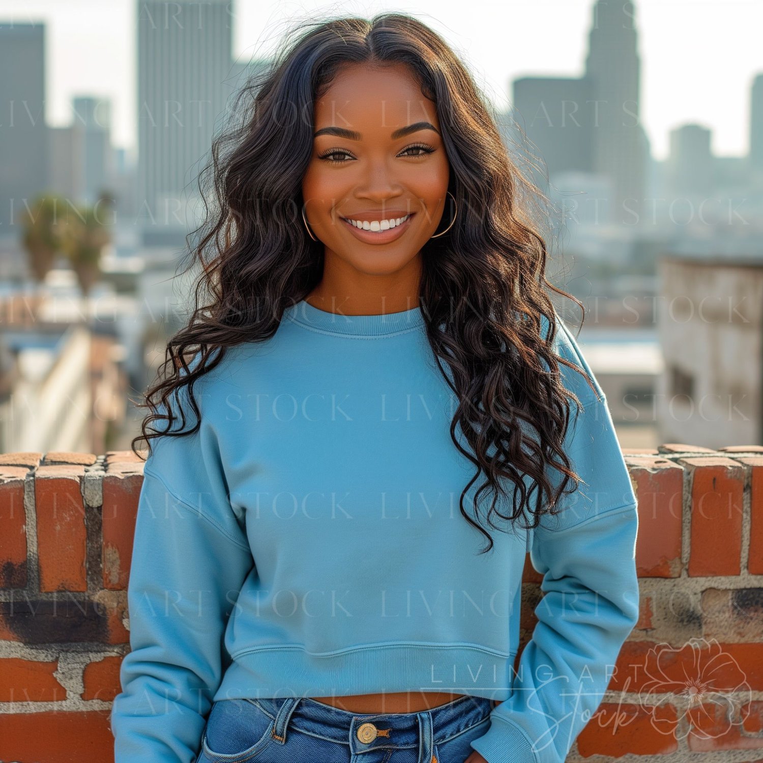 Black woman blue sweatshirt mockup photo, Black women stock photos