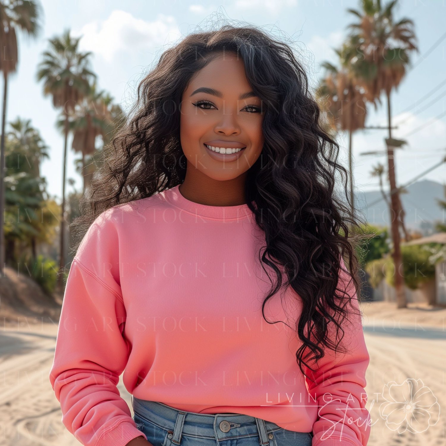 Black women mockup stock photos, Salmon crewneck sweatshirt