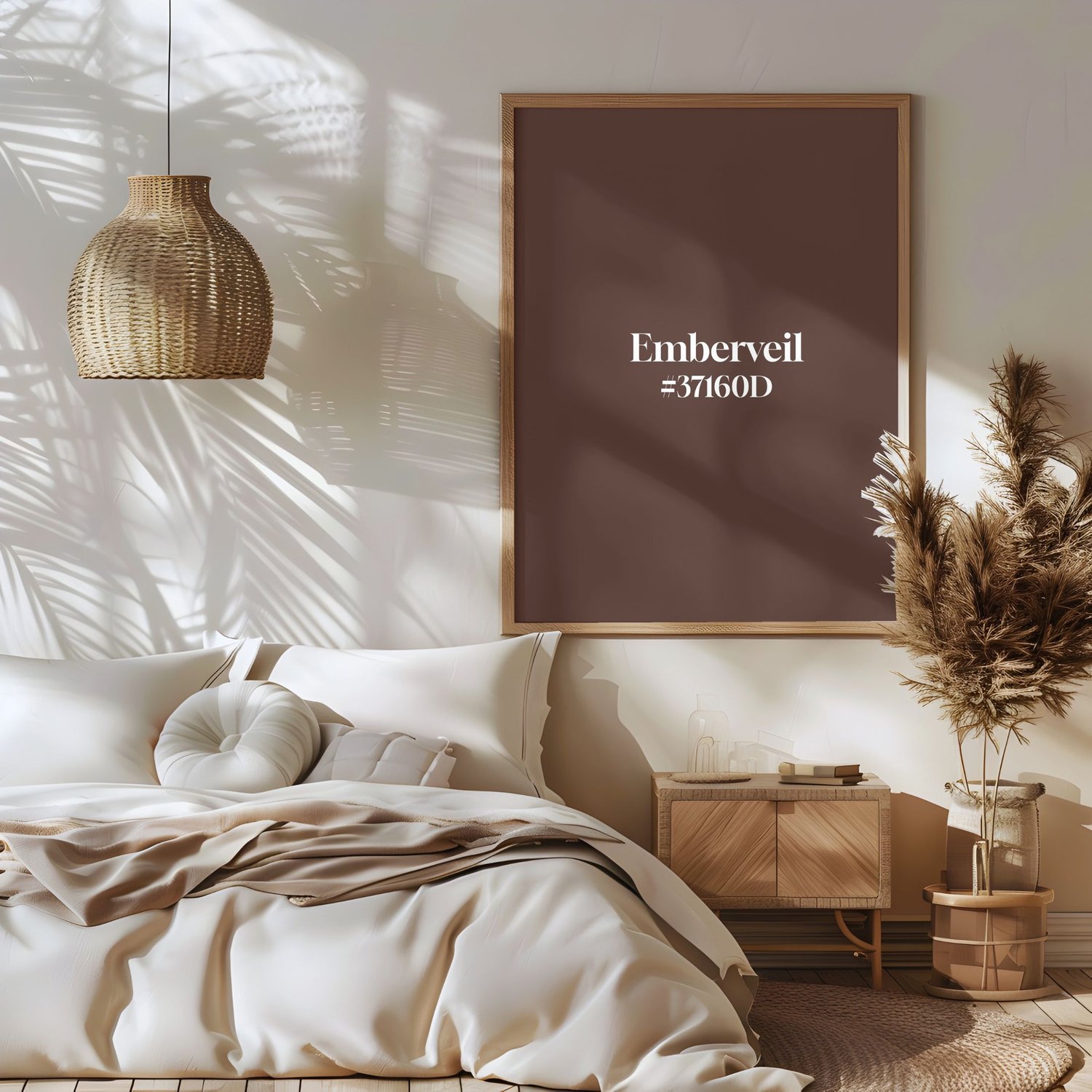 a cozy beige bedroom with emberveil print hanging over the bed