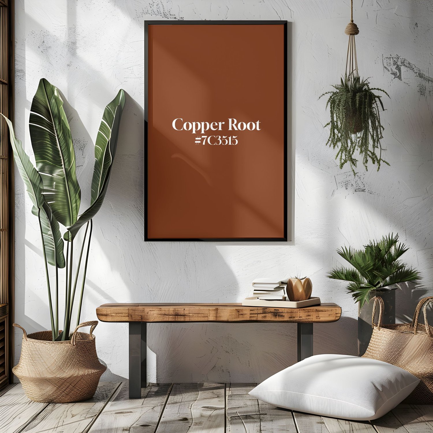 copper root print in a vertical skinny black frame with three trees along the side, a bench underneath, and a pillow