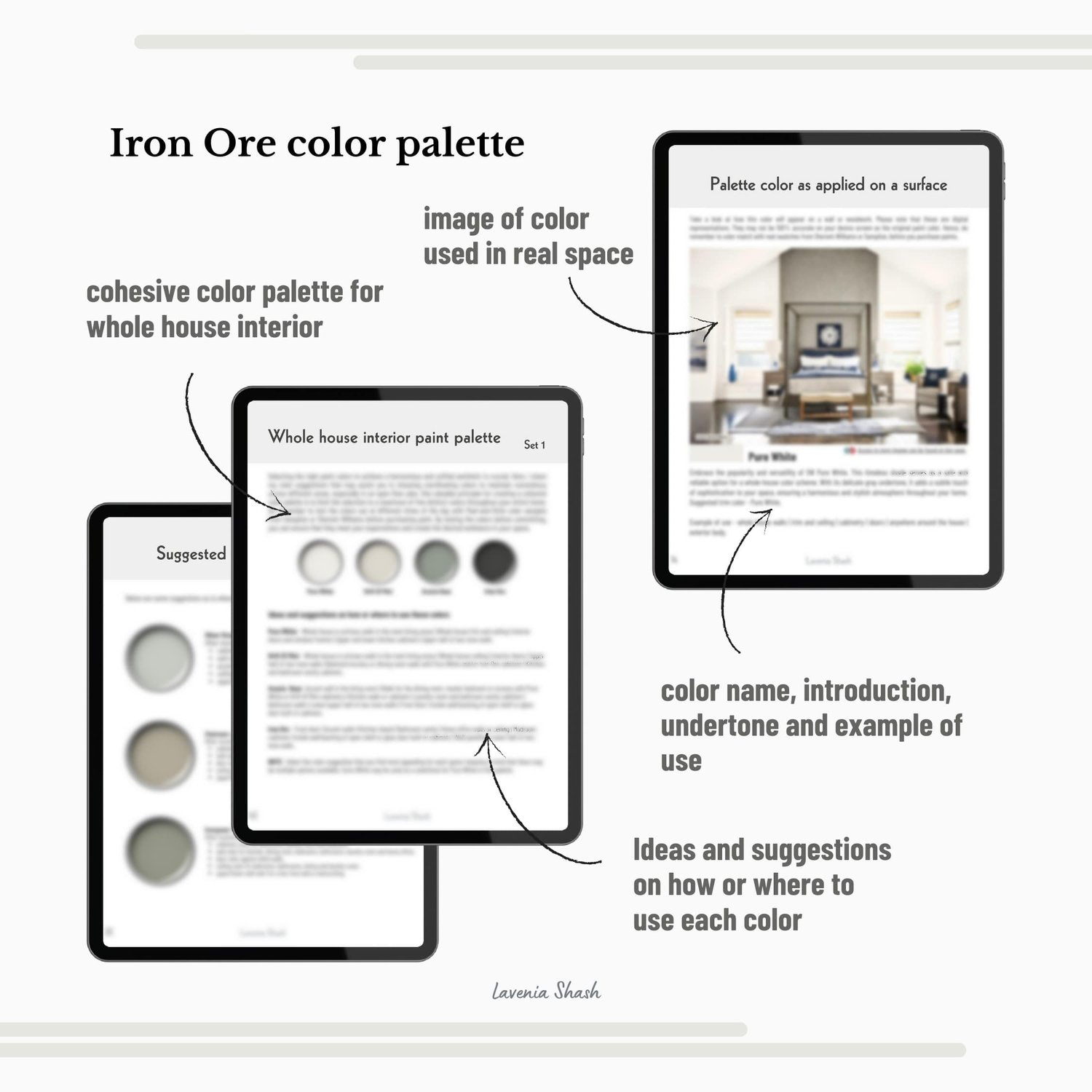 Sherwin Williams Iron Ore Home Paint Scheme - Modern and Trendy Neutrals for Whole House Interior, Walls, Cabinets and Accent. Coordinating colors include charcoal black, white, greige, warm gray, green and blue. Created by Lavenia Shash.