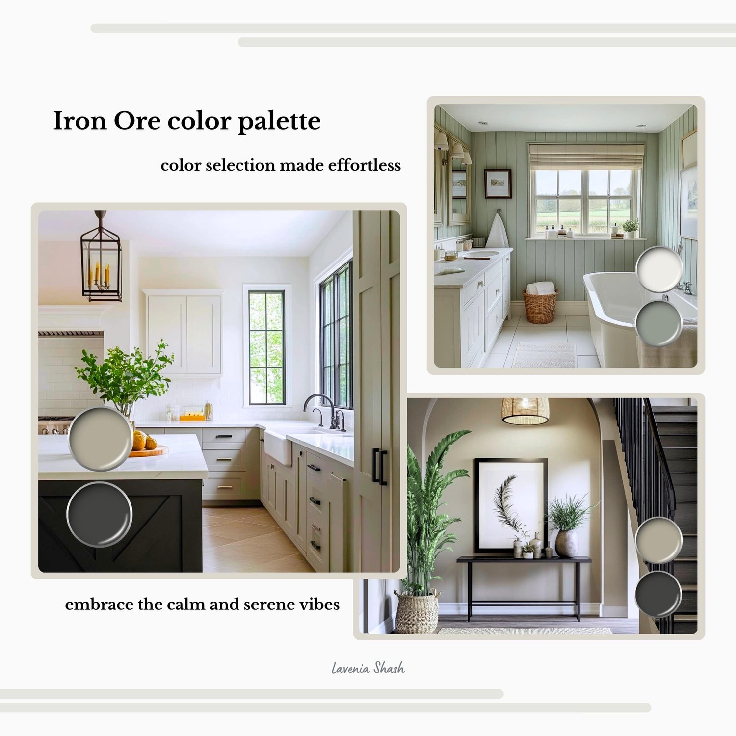 Sherwin Williams Iron Ore Home Paint Scheme - Modern and Trendy Neutrals for Whole House Interior, Walls, Cabinets and Accent. Coordinating colors include charcoal black, white, greige, warm gray, green and blue. Created by Lavenia Shash.