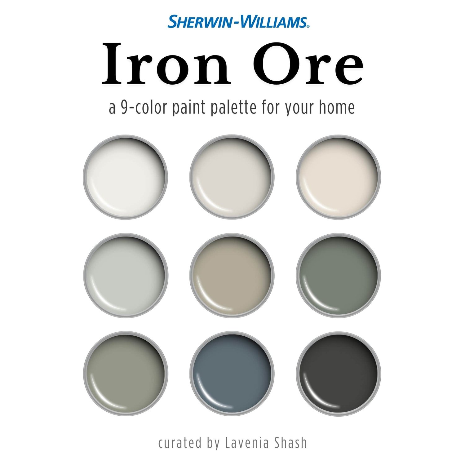 Sherwin Williams Iron Ore Home Paint Scheme - Modern and Trendy Neutrals for Whole House Interior, Walls, Cabinets and Accent. Coordinating colors include charcoal black, white, greige, warm gray, green and blue. Created by Lavenia Shash.