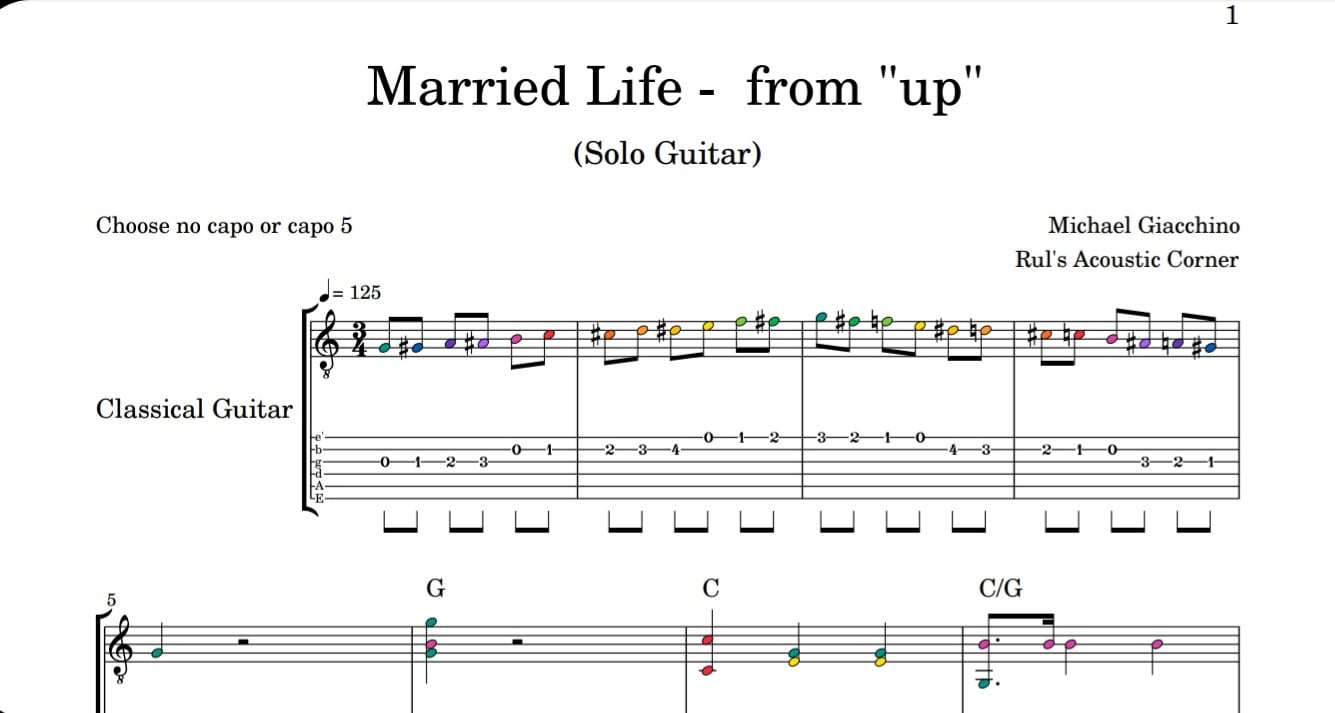 Married Life - Solo Guitar Notes Tabs