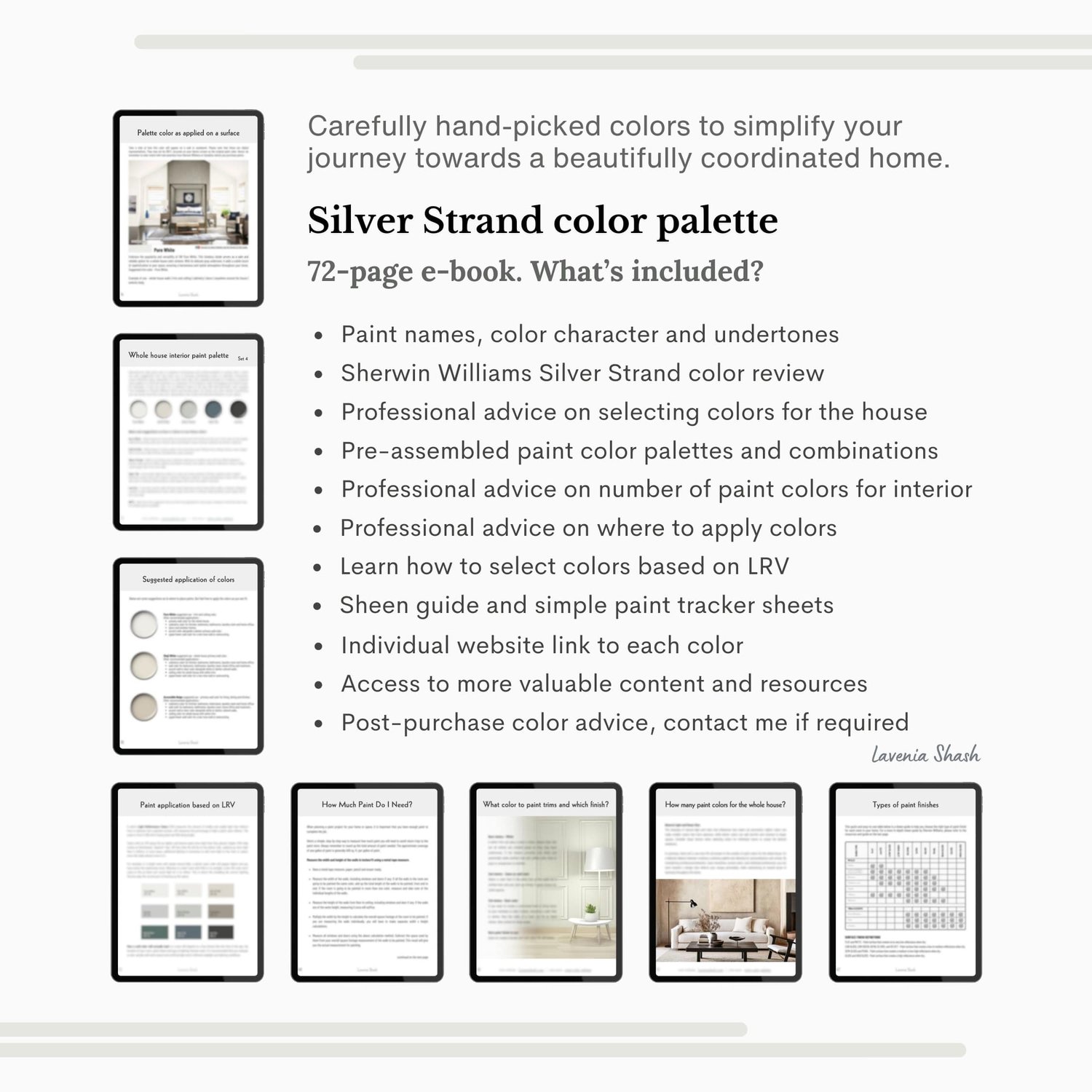 A Sherwin Williams Silver Strand paint color palette. Silver Strand is a gray-green with blue undertones. A nine-color scheme with coordinating white, gray, neutrals, blue, green and charcoal black curated by Lavenia Shash.