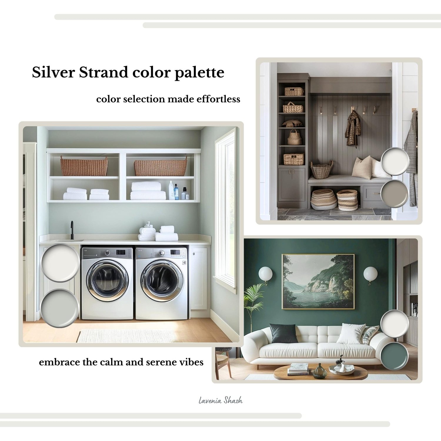 A Sherwin Williams Silver Strand paint color palette. Silver Strand is a gray-green with blue undertones. A nine-color scheme with coordinating white, gray, neutrals, blue, green and charcoal black curated by Lavenia Shash.