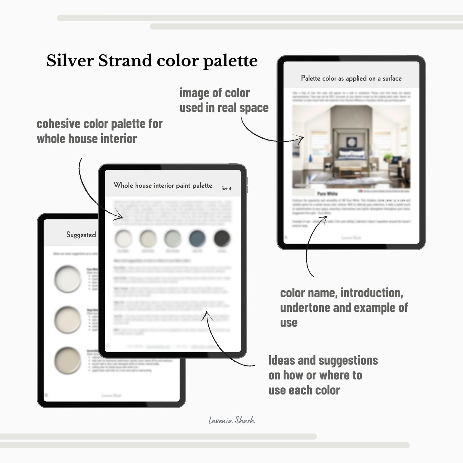A Sherwin Williams Silver Strand paint color palette. Silver Strand is a gray-green with blue undertones. A nine-color scheme with coordinating white, gray, neutrals, blue, green and charcoal black curated by Lavenia Shash.