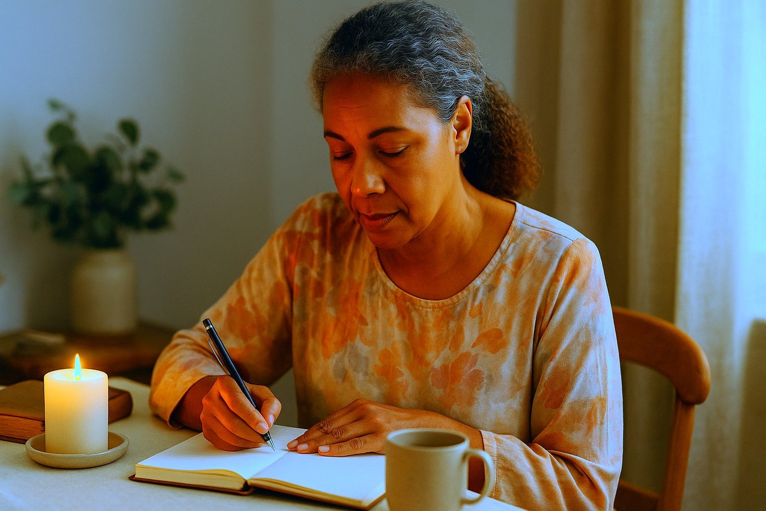 woman writing in a journal with a candle and cup nearby