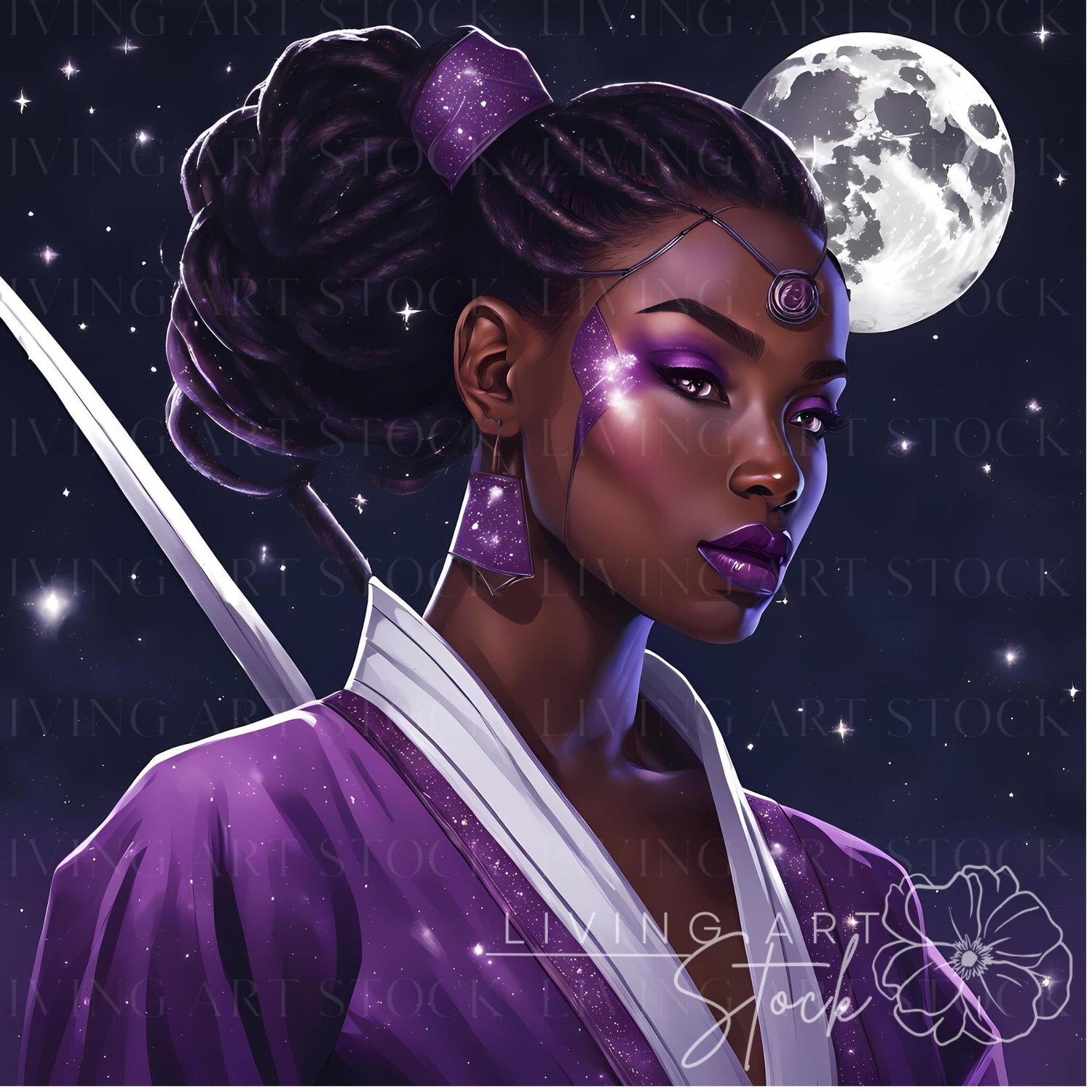 Black woman ninja wearing purple with Katana sword, full moon
