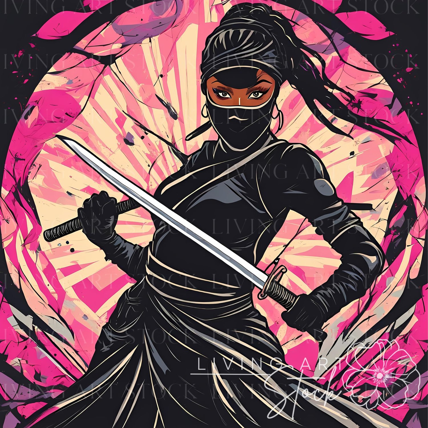 illustration of Black woman ninja wearing black, holding swords