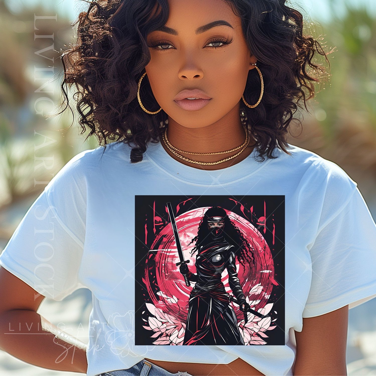 black woman red and black ninja fighter tshirt design