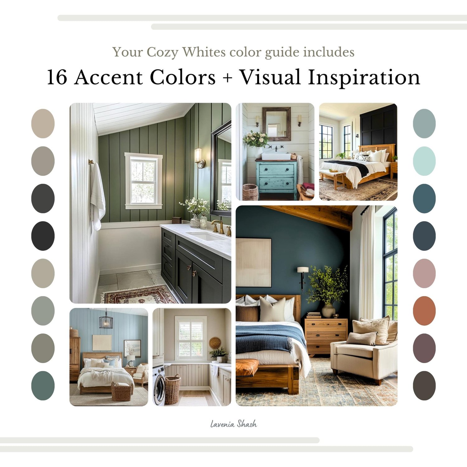 Warm white color scheme with Sherwin Williams paint colors. White Farmhouse color palette with cozy whites. Suitable for Coastal Farmhouse, Modern Minimalist, Beach House, English Cottage, Scandinavian, Japandi. Includes accent color pairings and suggesti