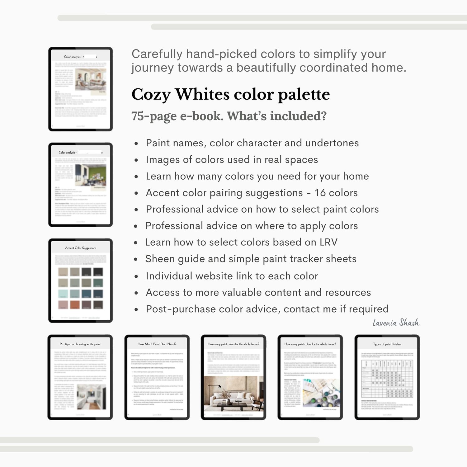 Warm white color scheme with Sherwin Williams paint colors. White Farmhouse color palette with cozy whites. Suitable for Coastal Farmhouse, Modern Minimalist, Beach House, English Cottage, Scandinavian, Japandi. Includes accent color pairings and suggesti