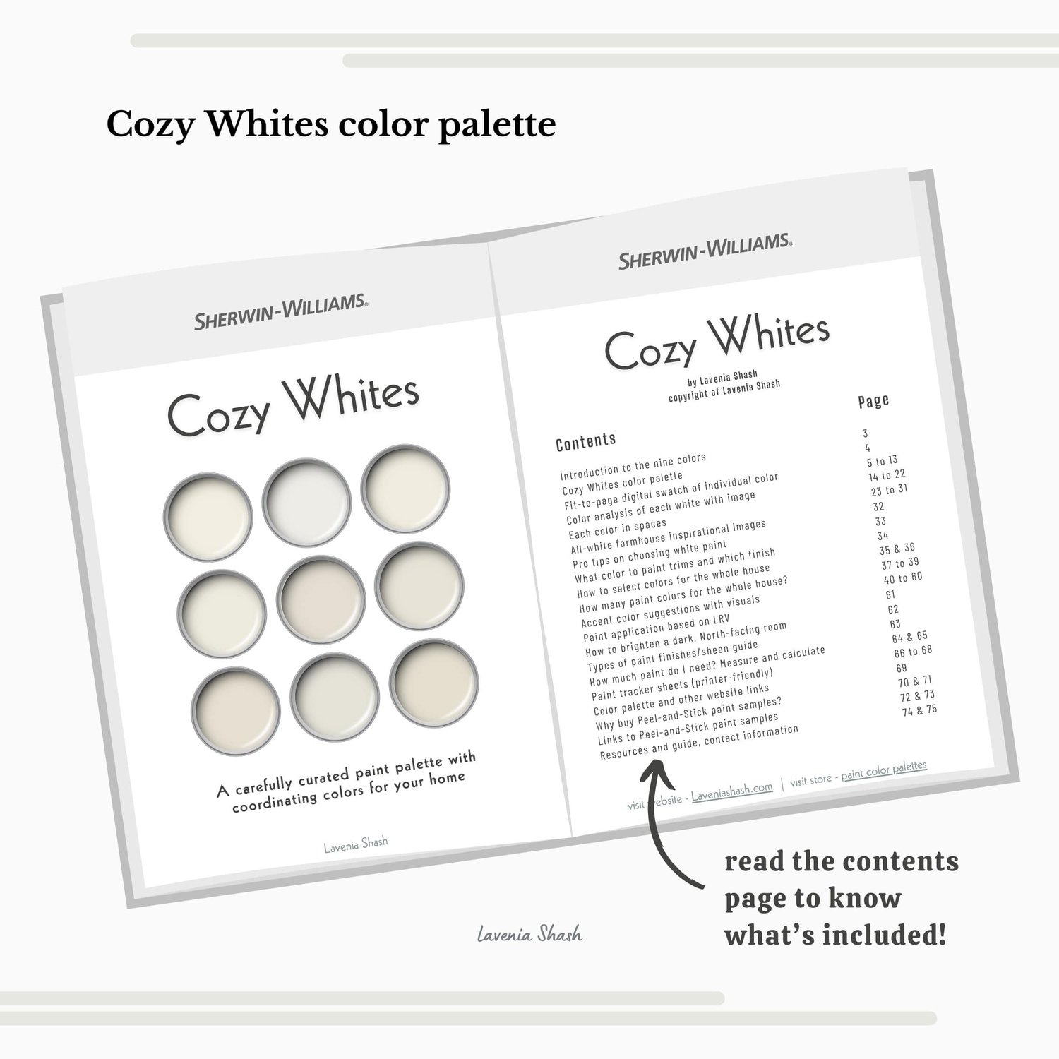 Warm white color scheme with Sherwin Williams paint colors. White Farmhouse color palette with cozy whites. Suitable for Coastal Farmhouse, Modern Minimalist, Beach House, English Cottage, Scandinavian, Japandi. Includes accent color pairings and suggesti