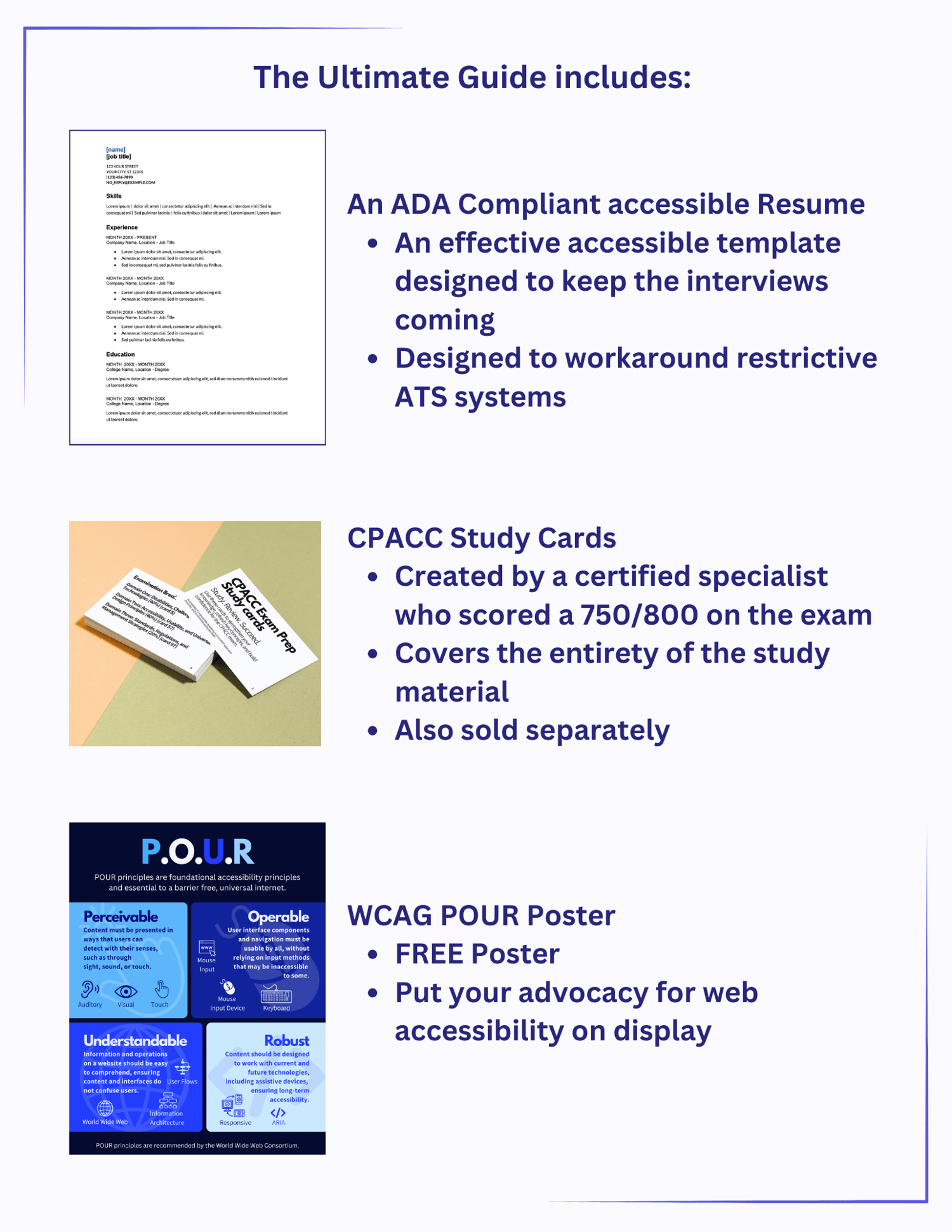 bundle include a ADA Compliant resume to beat ATS, CPACC study cards, and are free POUR poster
