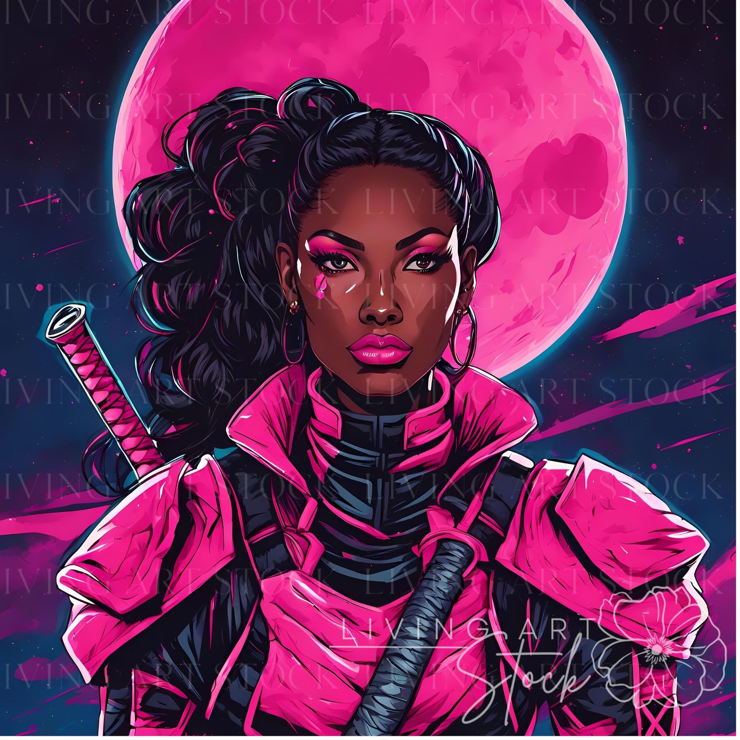 Black woman warrior pink character design illustration, black women stock images