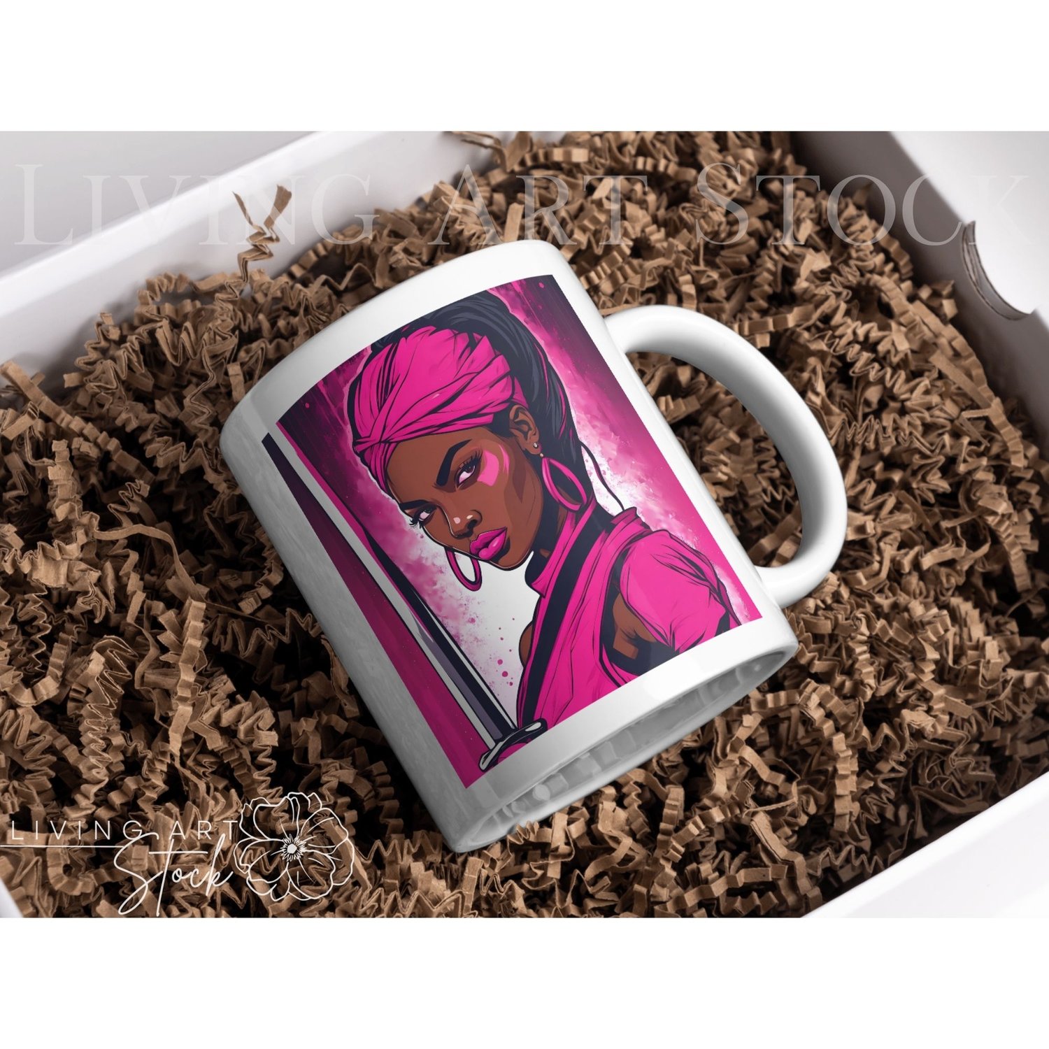 Black woman warrior pink character art illustration mug design