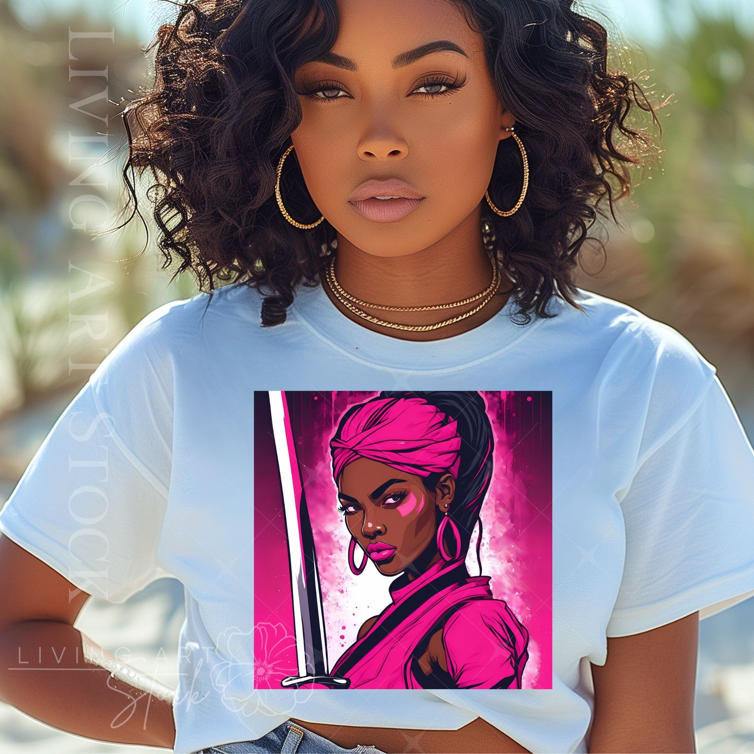 Black woman warrior pink character art illustration tshirt design