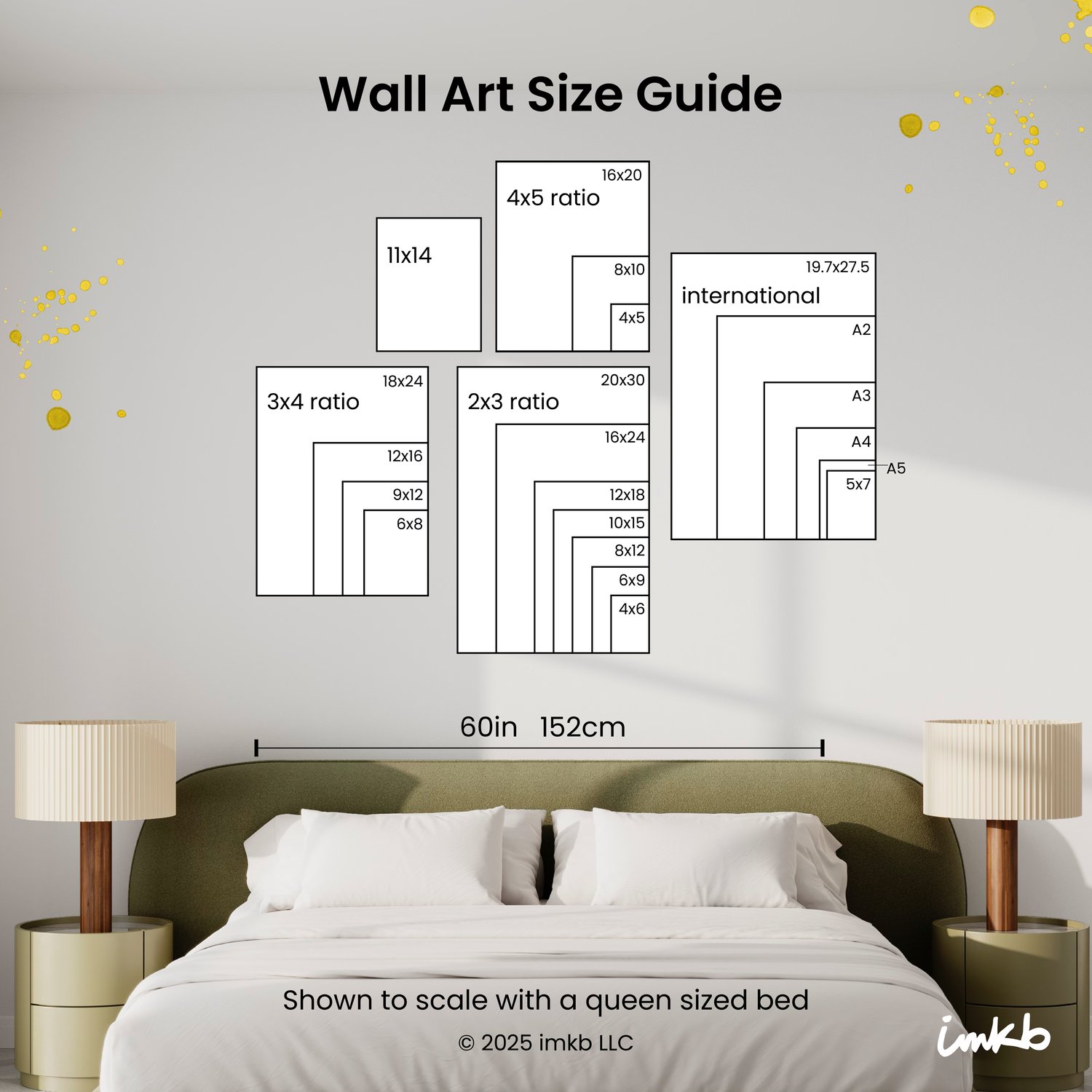 image of a bed with wall art sizing displayed on wall to show different poster sizes