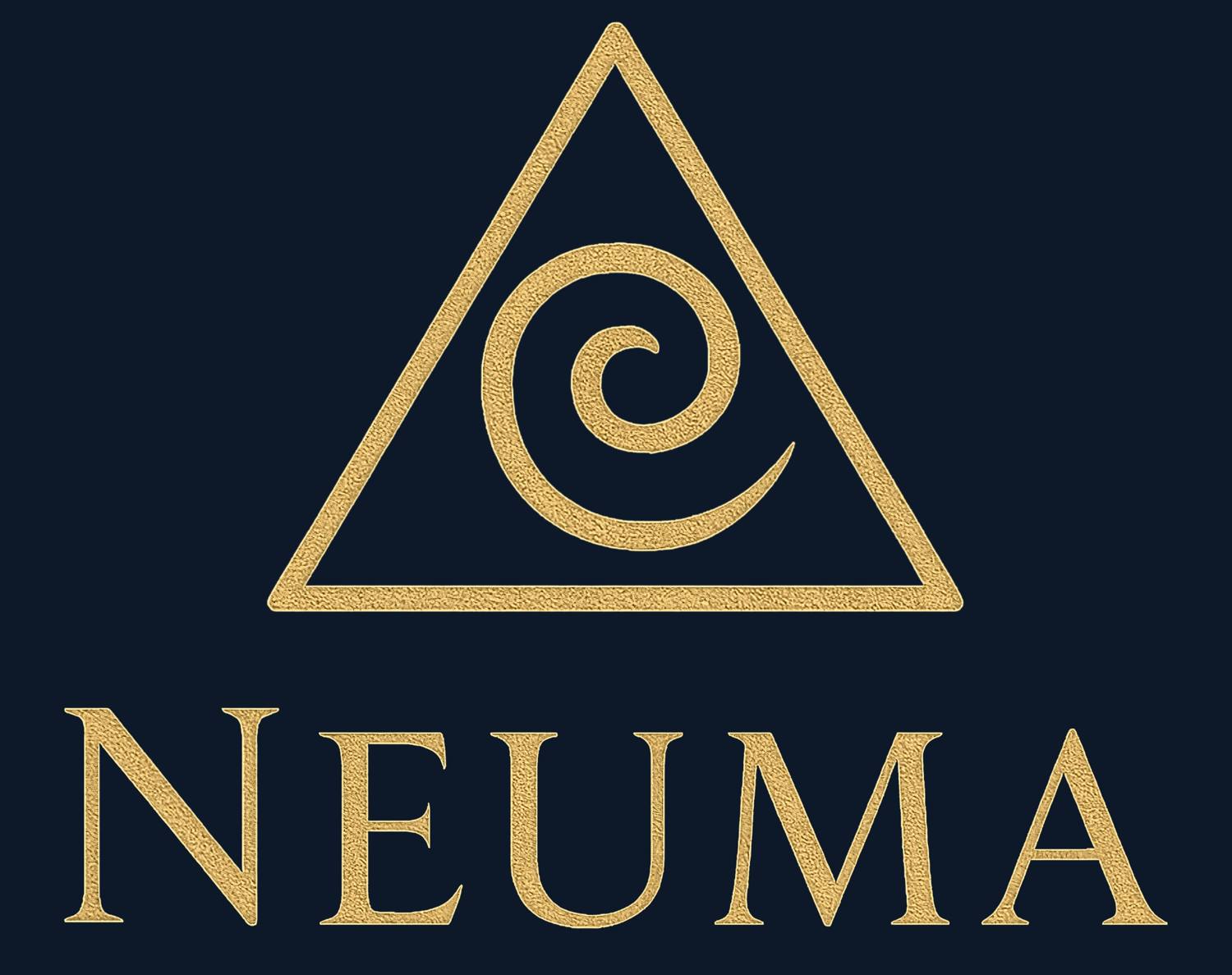 Minimalist gold triangle logo with a central spiral glyph, symbolising energy, transformation, and sacred alignment. The word ‘NEUMA’ appears in elegant serif typography beneath the symbol, evoking spiritual growth and mystical branding.